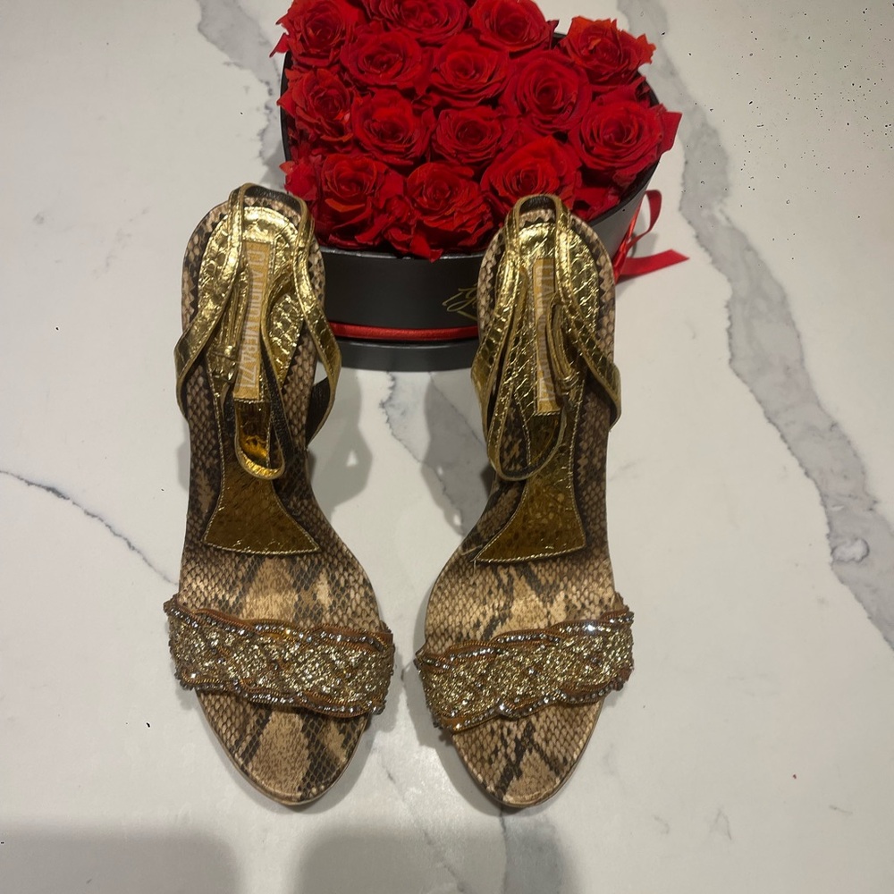Claudio Merazzi Gold Snake Print Embellished Heels — Luxury Statement Sandals